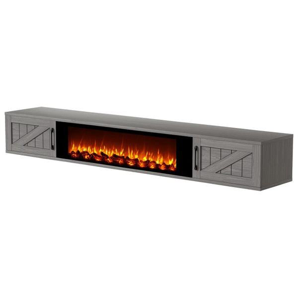 HomeRoots 67 Inch Floating Wall Mounted Entertainment Console with Built-in Electric Fireplace Insert Gray 734220