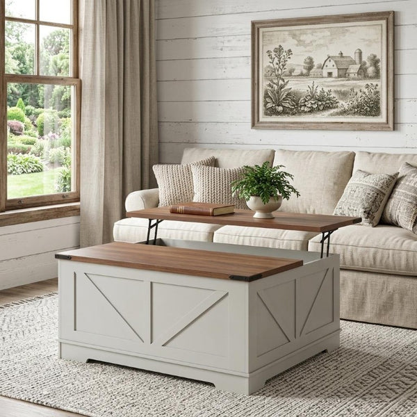 39 Inch Solid Wood Lift Top Coffee Table with Hidden Storage and Open Shelves for Living Room