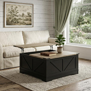 39 Inch Solid Wood Lift Top Coffee Table with Hidden Storage and Open Shelves for Living Room