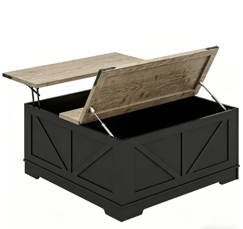 HomeRoots 39 Inch Solid Wood Lift Top Coffee Table with Hidden Storage and Open Shelves for Living Room Brown / Black 734244
