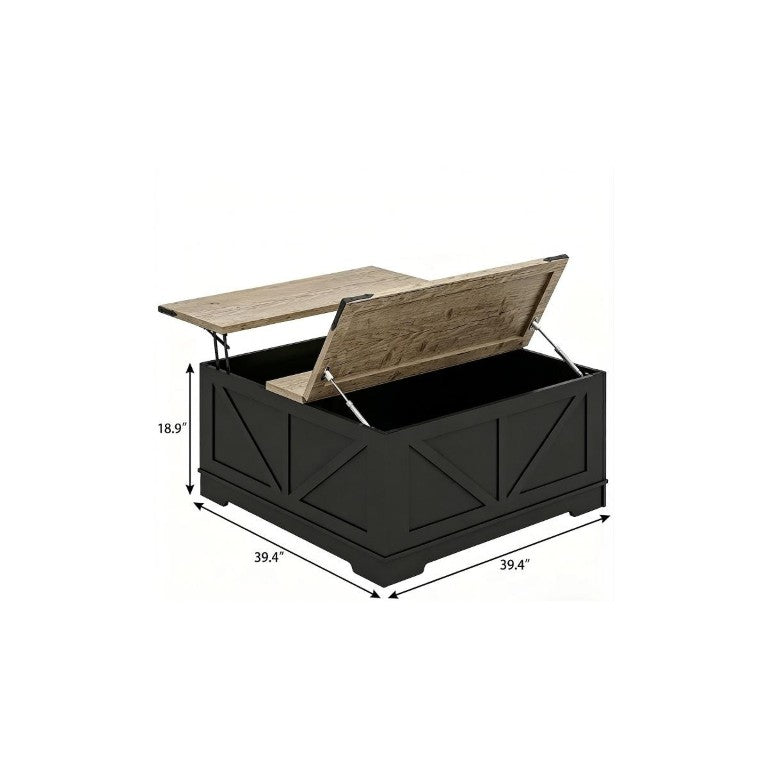 HomeRoots 39 Inch Solid Wood Lift Top Coffee Table with Hidden Storage and Open Shelves for Living Room Brown / Black 734244