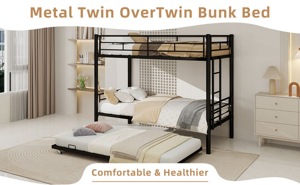 English Elm Heavy-duty Metal Twin over Twin Bunk Bed Black – Rust-Resistant Steel, Safety Rail, Non-Slip Ladder W1935P294225