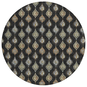 8 Foot Round Floral Polyester Area Rug in Black Graphite for Indoor Outdoor Use