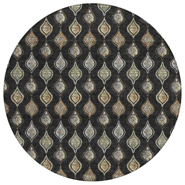 8 Foot Round Floral Polyester Area Rug in Black Graphite for Indoor Outdoor Use
