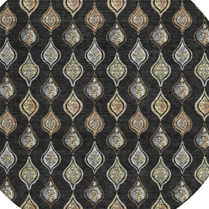 HomeRoots 8 Foot Round Floral Polyester Area Rug in Black Graphite for Indoor Outdoor Use 734252