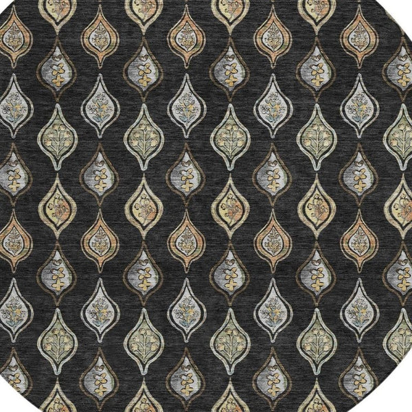 HomeRoots 8 Foot Round Floral Polyester Area Rug in Black Graphite for Indoor Outdoor Use 734252