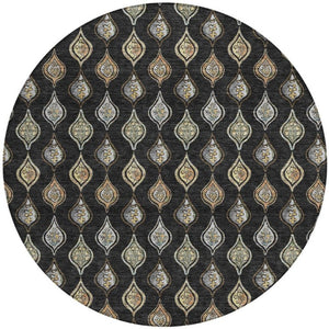 8 Foot Round Floral Polyester Area Rug in Black Graphite for Indoor Outdoor Use