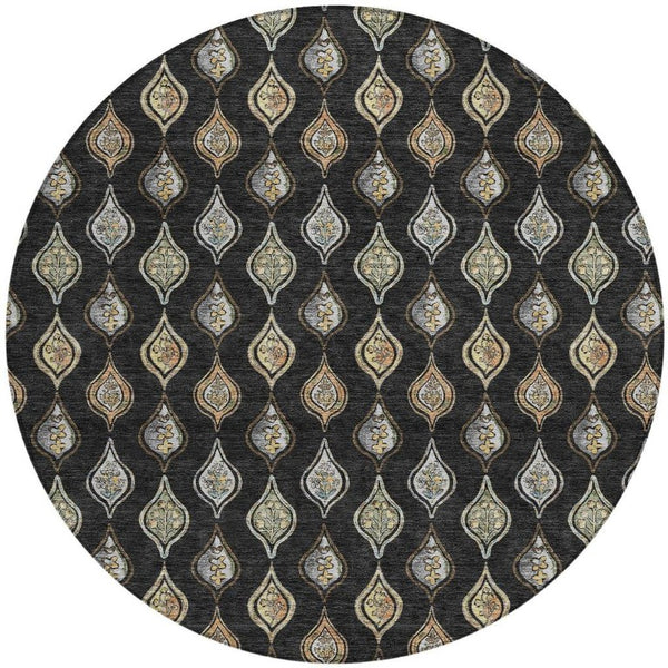 8 Foot Round Floral Polyester Area Rug in Black Graphite for Indoor Outdoor Use