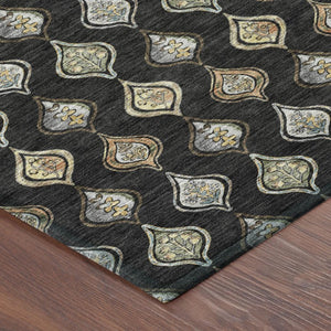 8 Foot Round Floral Polyester Area Rug in Black Graphite for Indoor Outdoor Use