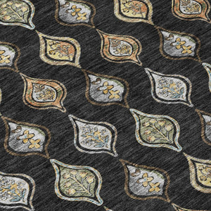 8 Foot Round Floral Polyester Area Rug in Black Graphite for Indoor Outdoor Use