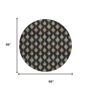 8 Foot Round Floral Polyester Area Rug in Black Graphite for Indoor Outdoor Use