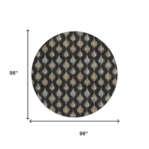 8 Foot Round Floral Polyester Area Rug in Black Graphite for Indoor Outdoor Use