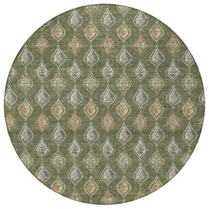 8 Ft Round Floral Polyester Area Rug Olive Green Washable for Patio or Kitchen