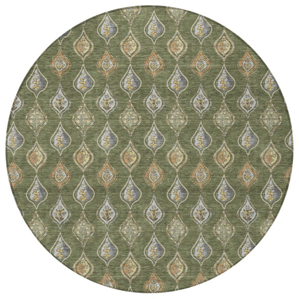 8 Ft Round Floral Polyester Area Rug Olive Green Washable for Patio or Kitchen
