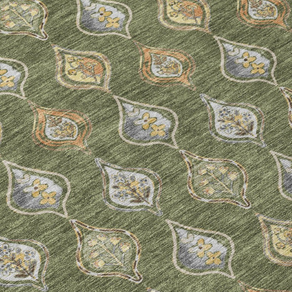 8 Ft Round Floral Polyester Area Rug Olive Green Washable for Patio or Kitchen