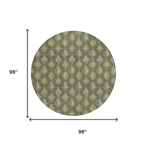 8 Ft Round Floral Polyester Area Rug Olive Green Washable for Patio or Kitchen