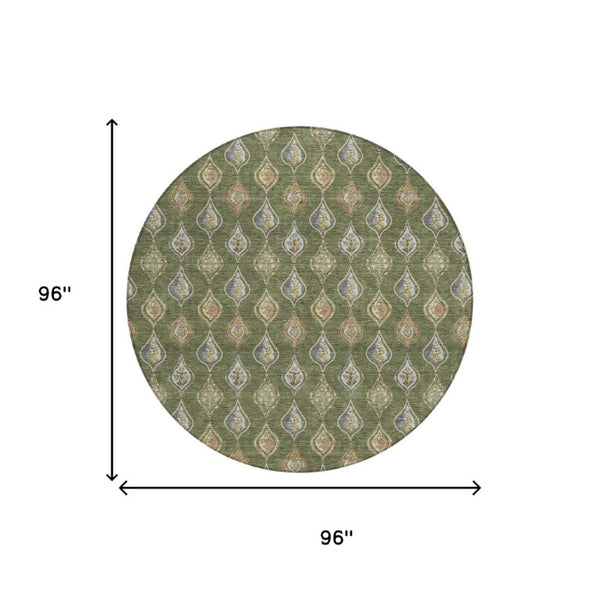 8 Ft Round Floral Polyester Area Rug Olive Green Washable for Patio or Kitchen