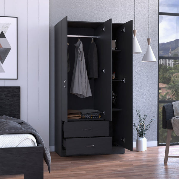 English Elm Bosko Three Door Wardrobe Armoire with Drawers Hanging Rod Black Wengue Finish B097S00224