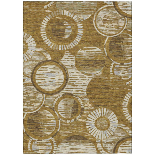 5x8 Walnut Gold Geometric Polyester Area Rug Washable Stain Resistant Indoor Outdoor