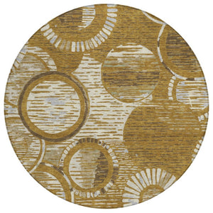 8 Foot Round Geometric Polyester Area Rug Walnut Gold Washable Indoor Outdoor