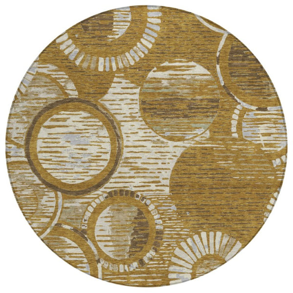 8 Foot Round Geometric Polyester Area Rug Walnut Gold Washable Indoor Outdoor