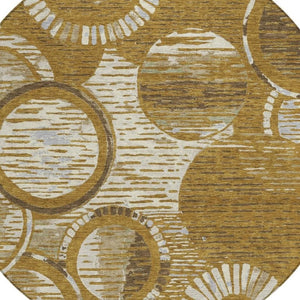 HomeRoots 8 Foot Round Geometric Polyester Area Rug Walnut Gold Washable Indoor Outdoor 734336