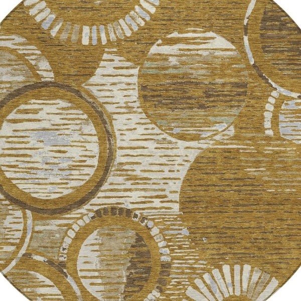 HomeRoots 8 Foot Round Geometric Polyester Area Rug Walnut Gold Washable Indoor Outdoor 734336
