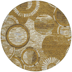 8 Foot Round Geometric Polyester Area Rug Walnut Gold Washable Indoor Outdoor