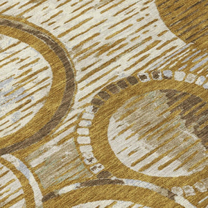8 Foot Round Geometric Polyester Area Rug Walnut Gold Washable Indoor Outdoor