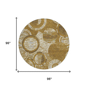 8 Foot Round Geometric Polyester Area Rug Walnut Gold Washable Indoor Outdoor