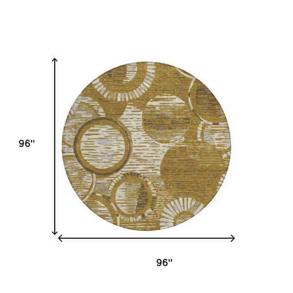 8 Foot Round Geometric Polyester Area Rug Walnut Gold Washable Indoor Outdoor