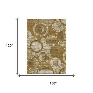 10' X 14' Walnut and Gold Geometric Washable Indoor Outdoor Area Rug