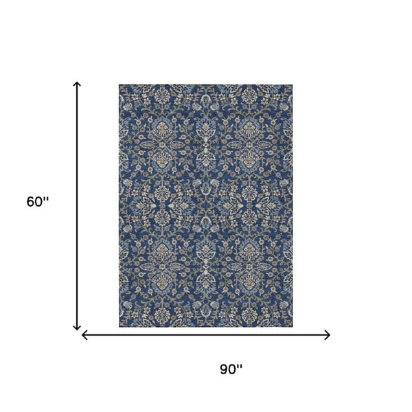 5x8 Navy Geometric Polyester Area Rug Washable Stain Resistant Indoor Outdoor Patio Use