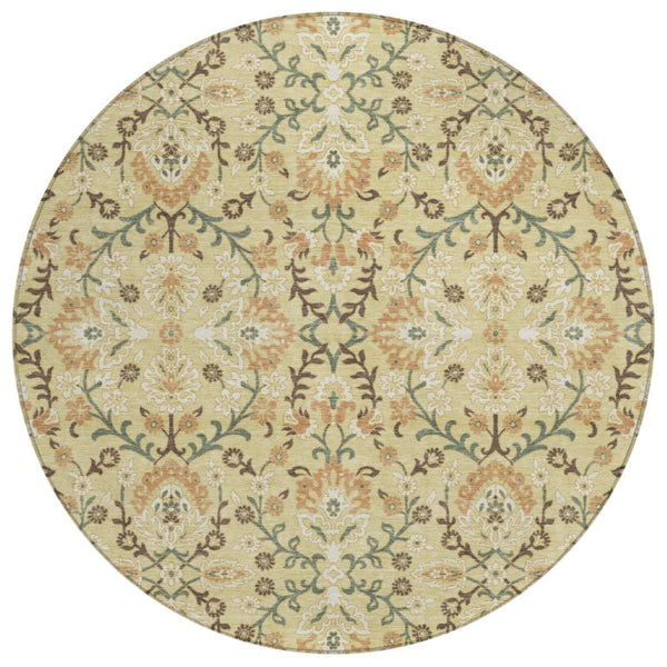 8 Foot Round Geometric Polyester Area Rug Washable Wheat Gold Indoor Outdoor