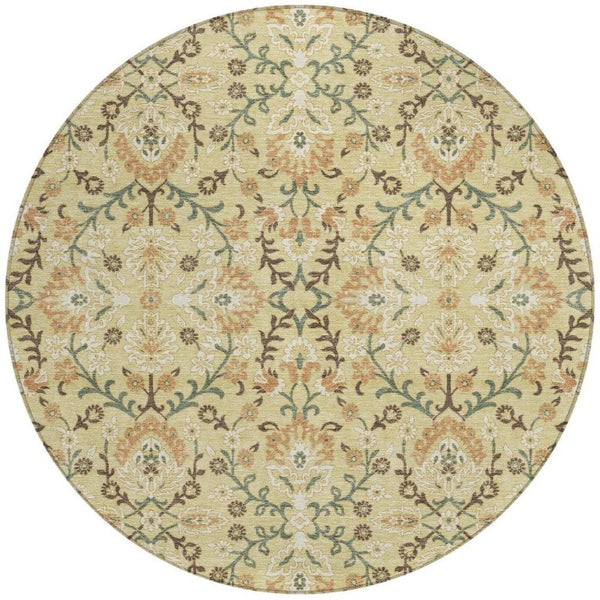 8 Foot Round Geometric Polyester Area Rug Washable Wheat Gold Indoor Outdoor