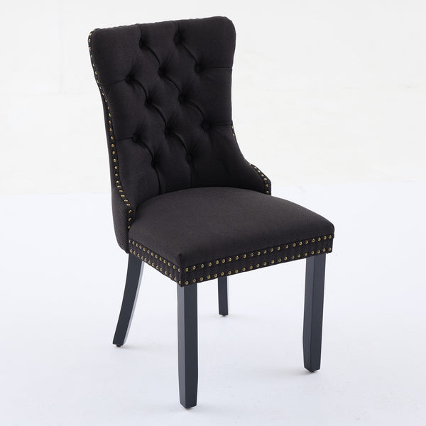 English Elm Nikki Tufted Flax Linen Dining Chair with Solid Wood Frame, High-Rebound Cushion, Nailhead Trim Black W1143P233648