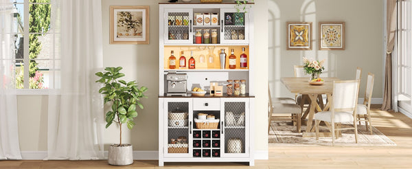 English Elm 70.9" Farmhouse Hutch Pantry with Led Lighting Wine Rack Mesh Doors and Built-in Power White CH361426AAK