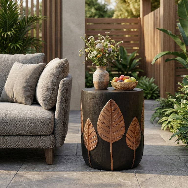 English Elm Outdoor Concrete Cylinder Side Table with Embossed Leaf Relief and Bohemian Earthy Appeal 73440.00