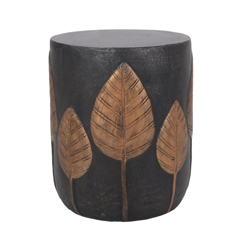English Elm Outdoor Concrete Cylinder Side Table with Embossed Leaf Relief and Bohemian Earthy Appeal 73440.00