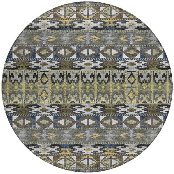 8 Ft Round Geometric Polyester Area Rug Washable Stain Resistant Indoor Outdoor Gray