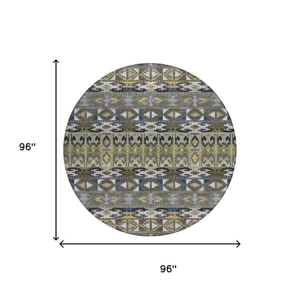 8 Ft Round Geometric Polyester Area Rug Washable Stain Resistant Indoor Outdoor Gray