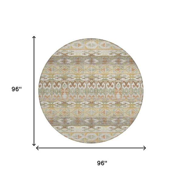 8 Ft Round Geometric Polyester Rug Washable Stain Resistant for Indoor Outdoor Use
