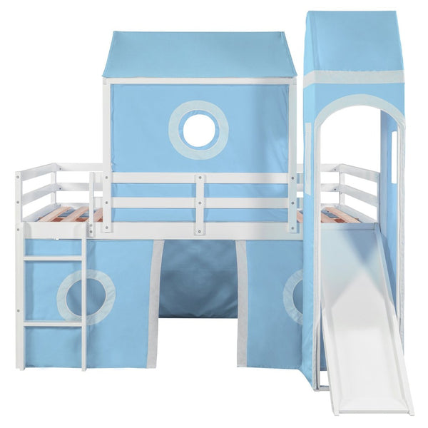 English Elm Full Size Castle Loft Bed with Slide Pink Tent Tower Pinewood Kids Play Frame LT000771AAC-1