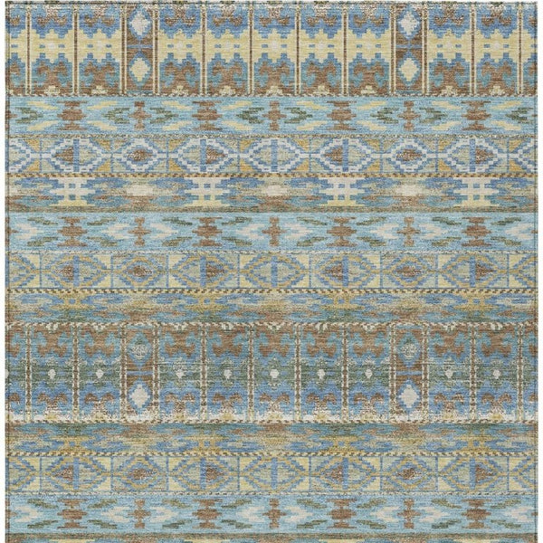 5x8 Teal Khaki Geometric Polyester Area Rug Stain Resistant for Patio or Living Room