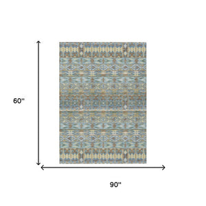 5x8 Teal Khaki Geometric Polyester Area Rug Stain Resistant for Patio or Living Room