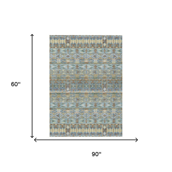 5x8 Teal Khaki Geometric Polyester Area Rug Stain Resistant for Patio or Living Room