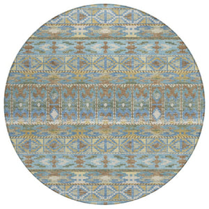 8 Ft Round Geometric Polyester Area Rug in Teal and Khaki for Patio or Family Room
