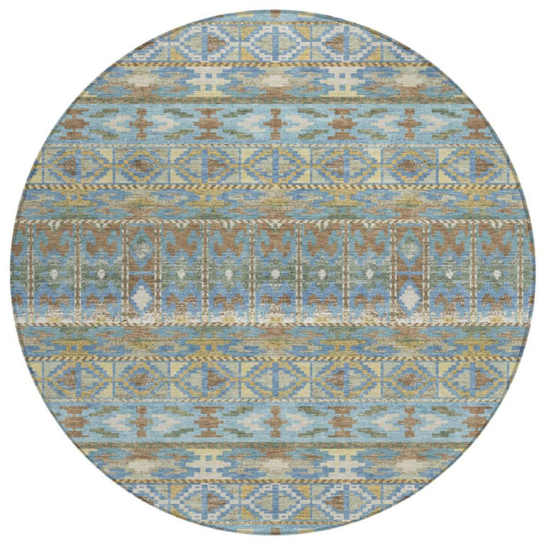8 Ft Round Geometric Polyester Area Rug in Teal and Khaki for Patio or Family Room