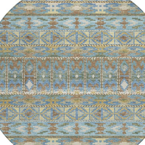 HomeRoots 8 Ft Round Geometric Polyester Area Rug in Teal and Khaki for Patio or Family Room 734426