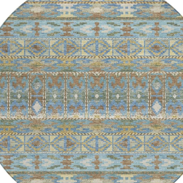 HomeRoots 8 Ft Round Geometric Polyester Area Rug in Teal and Khaki for Patio or Family Room 734426